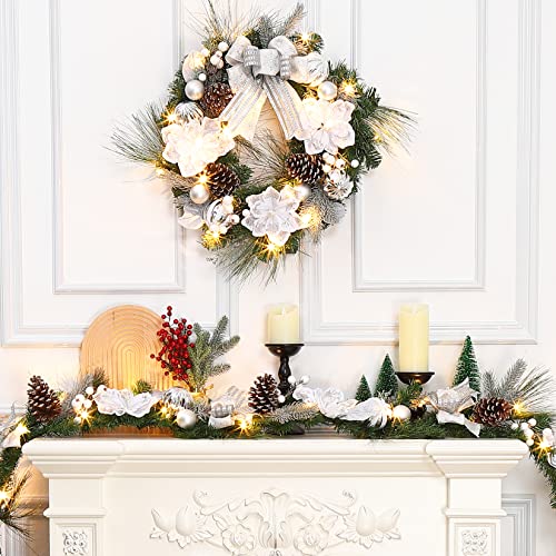 GarveeHome 24in Pre-lit Christmas Wreath with 20 LEDs – Silver White Magnolia Bow