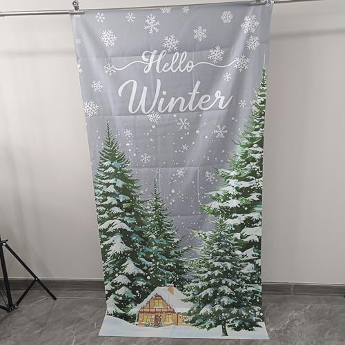 Grey Winter Forest Door Cover Banner 180x90cm with Hanging Rope