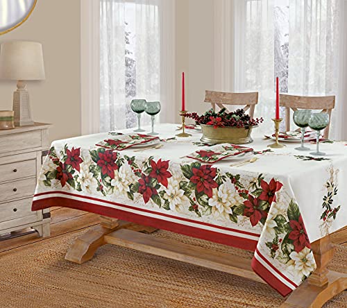 Newbridge 84x60 Inch Christmas Poinsettia & Floral Border Rectangular Fabric Tablecloth