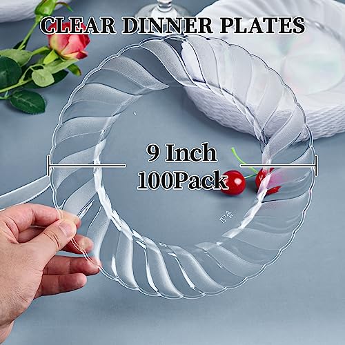 Disposable Clear Plastic Dinner Plates - 9 Inch, 100 Count, Food-Grade & Elegant - Variation of 9" Round Plates