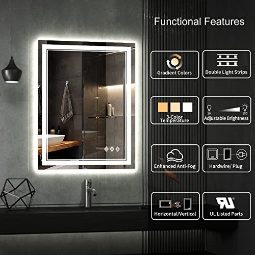 VanPokins 24x32 Inch Front & Backlit LED Bathroom Mirror with Anti-Fog, Dimmable Lights