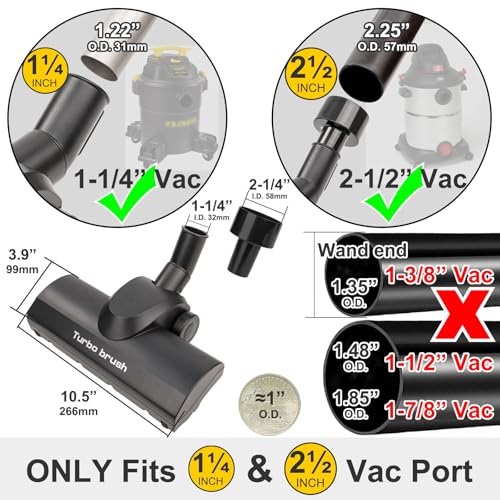 Turbo Brush Head for Shop Vac 1.25" & 2.5" Hose Adapter Pet Hair Removal Accessory