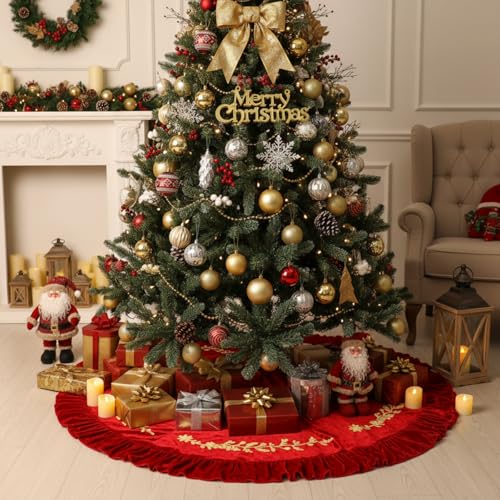 60 Inch Red Velvet Christmas Tree Skirt with Gold Embroidery Trim - Sotiff