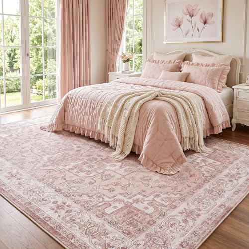 Fixwal 8x10 Pink Washable Area Rug Non-Slip for Bedroom & Living Room