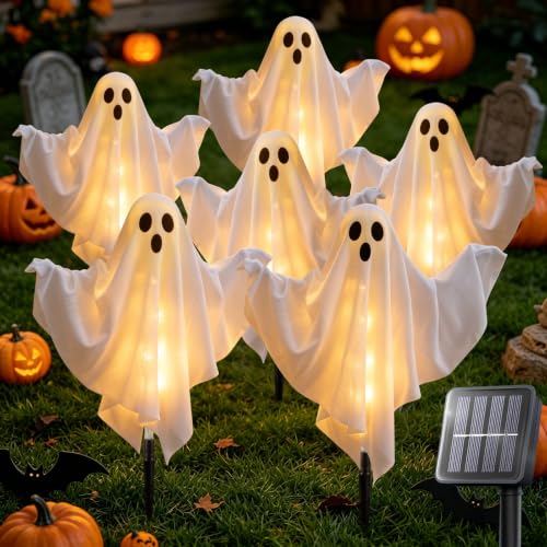 Halloween Ghost Solar Lights Outdoor 6 Pack - Warm White, Weatherproof & Adjustable Arms