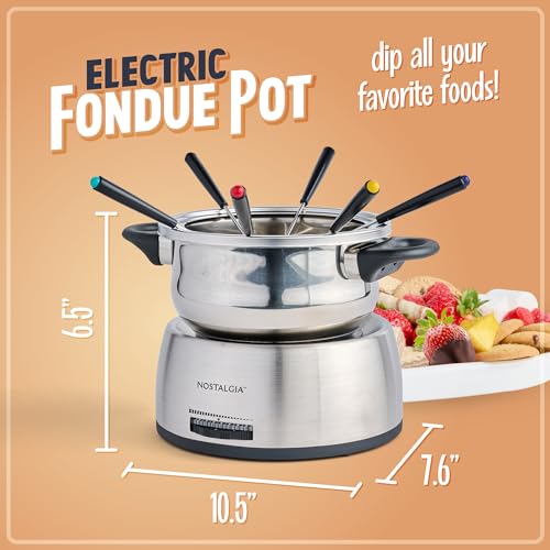 Electric Fondue Pot 1.5 Quart Stainless Steel with Temperature Control & 6 Color Forks - Perfect for Chocolate & Cheese - Variation: Stainless