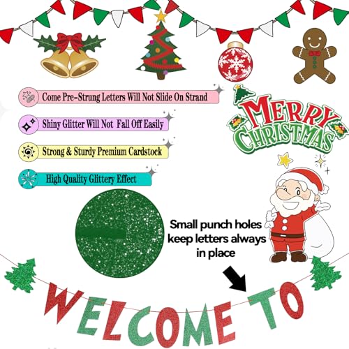 Pre-Strung Welcome To Whoville Banner Christmas Decorations,Cute Banner Sign with 2Pcs Red and Green Hanging Streamers for Christmas Party Decorations Xmas Fireplace Mantle Home Indoor Party Decor