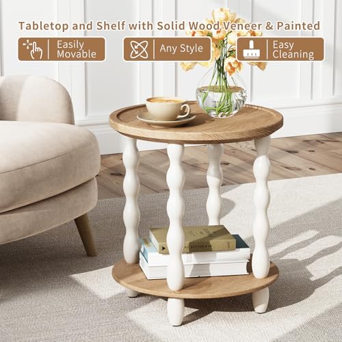 Karlott 18.5-Inch Round 2-Tier Farmhouse Side Table - Beige, Vintage Finish