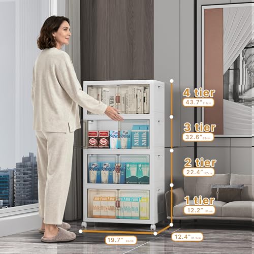 White 52QT Stackable Storage Bins with Lid - 4 Pack with Wheels & Front Access