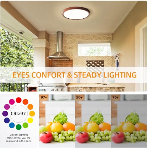 LED Walnut Wood Flush Mount Ceiling Light Fixture 16 Inch - 2 Pack - Adjustable Color Temperature