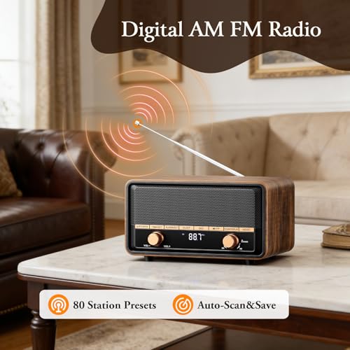 Vintage Wooden Bluetooth Clock Radio with AM/FM Reception - Deep Walnut