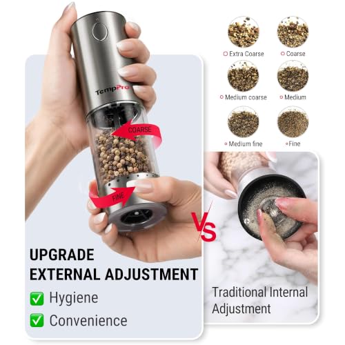 Rechargeable Electric Salt and Pepper Mill Set - Silver, 6 Coarseness Settings, Large Capacity