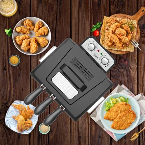 Vexon 1800W Large Electric Deep Fryer with 3 Baskets, View Window, Adjustable Temp, Black