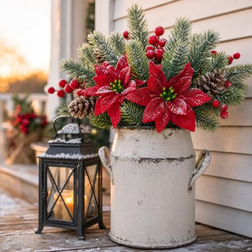 Carfoeny 6Pcs Artificial Poinsettia Christmas Picks with Pine Cones & Red Berries – 13in 4-in-1 Holiday Decor A