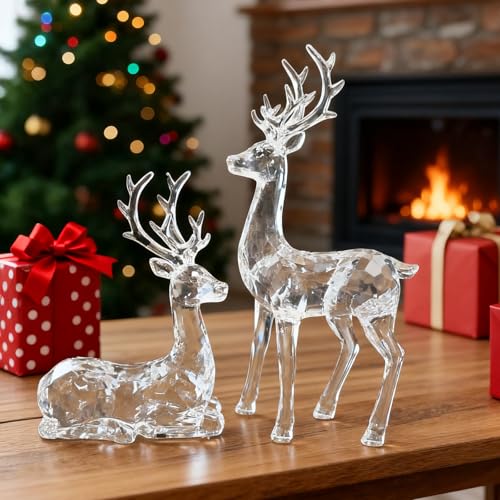 EverZenHub Clear Reindeer Figurines Set of 2 Christmas Resin Decor - Standing & Sitting