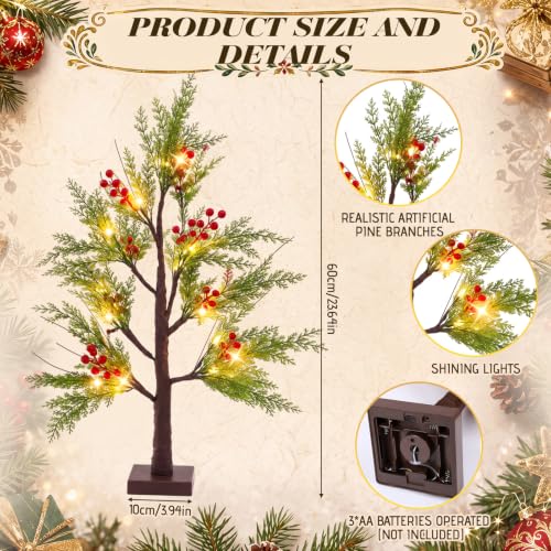 Baquler 2 Pcs Christmas Lighted Birch Trees 24 in – Red Berry Decor (Birch Variant)