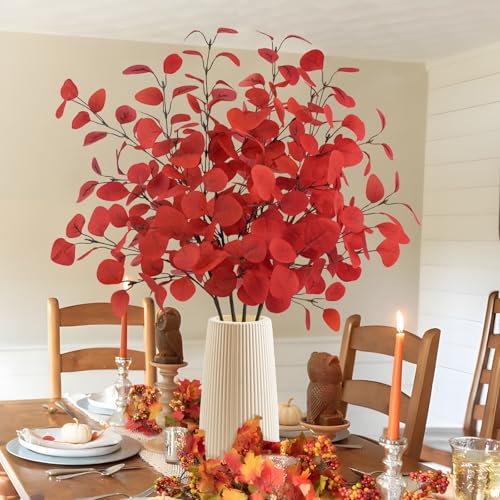 Red Artificial Eucalyptus Leaves Stems 33.8'' for Christmas & Holiday Decor - Set of 4