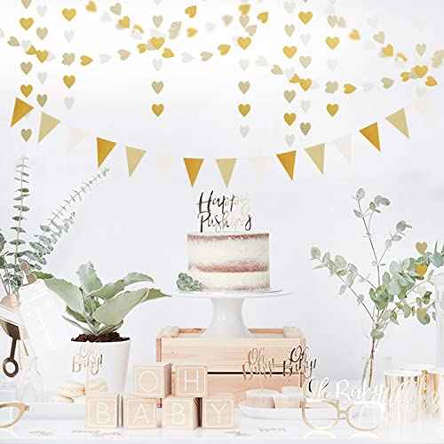 White-Gold Champagne Party-Decorations Banner,2 Pack Christmas Wedding Engagement Hanging Paper Triangle Pennant Flags Streamers,Bachelorette Neutral Baby Bridal Shower Supplies Decor Lasting Surprise