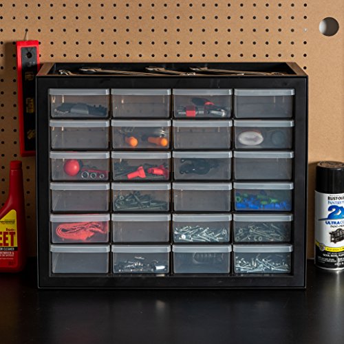 24-Drawer Plastic Storage Cabinet - Black, Multi-Purpose Organizer for Garage, Classroom, or Workshop - Made in USA