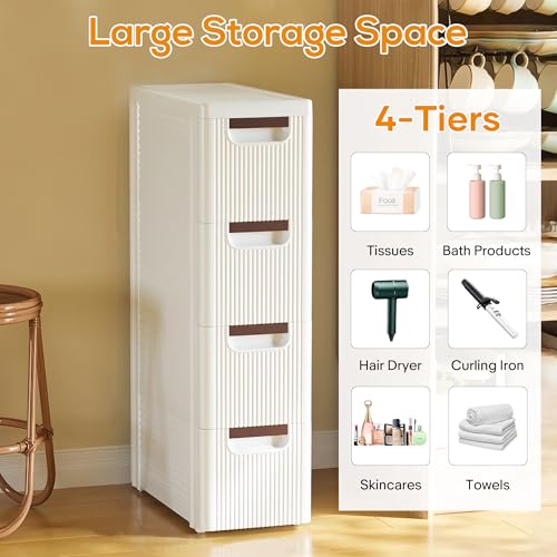 4-Drawer Slim Bathroom Storage Cabinet - Narrow Rolling Cart Organizer, White, 7.5x16.5x28.9 inches