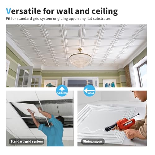 Art3d 24 Pack White 24x24 Inch PVC Ceiling Tiles - 3D Drop Ceiling & Wall Panels
