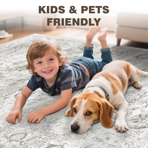 8x10 Ivory & Gray Non-Slip Washable Area Rug for Living Room