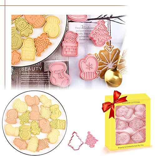 Novel Christmas Cookie Cutters and Stamper, Xmas Tree, Glove, Reindeer, Santa, Sock, House 3D Cookie Cutters Set for Christmas Baking (Pack of 12)