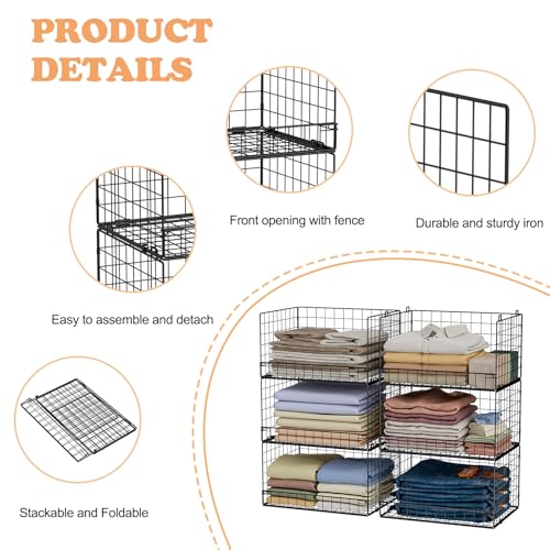 6-Tier Stackable Closet Organizer Bins - Foldable Clothes Storage Shelf, Black