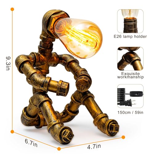 Steampunk Table Lamp with Robot Design - Vintage Industrial Water Pipe Desk Light - Bronze C