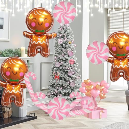Pink 32in Gingerbread & Candy Cane Foil Balloons Party Decorations (Set of 9) - Wclliuchi
