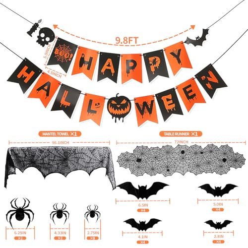 CMXZSAM Black Halloween Decor Set with Mantel Scarf, Table Runner, 3D Bats & Spiders, Banner