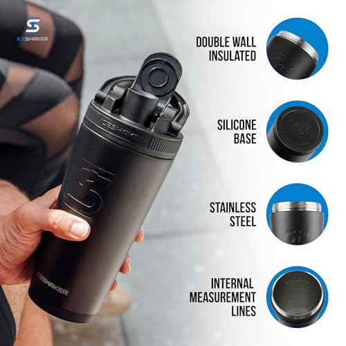 Insulated Stainless Steel Shaker Bottle 26oz - Black, Cold for 30+ Hours, Twist-On Agitator, Odor-Free Protein & Drink Bottle