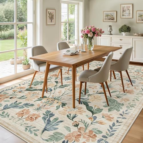 Beige 8x10 Boho Floral Washable Area Rug for Living Room & Bedroom