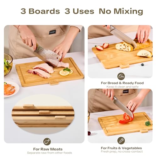 Natural Bamboo Cutting Board Set with Holder - Extra Large Kitchen Chopping Boards, 3 Piece