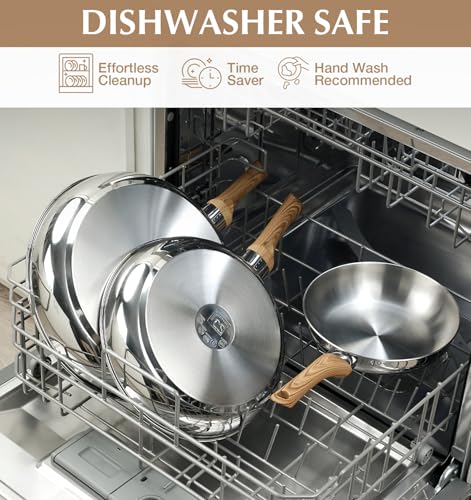 8, 10 & 12 Inch Stainless Steel Frying Pan Set with Heat-Resistant Handles - Dishwasher Safe