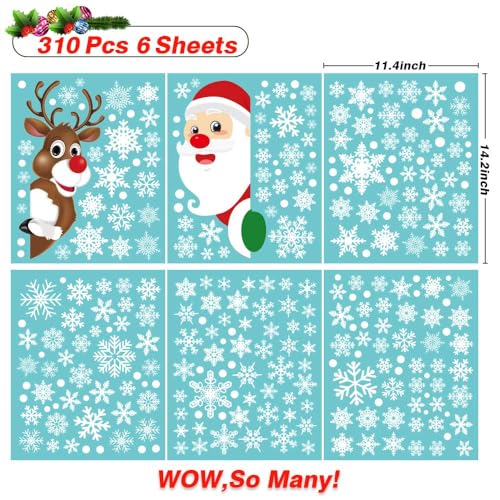 HINZER 310Pcs Christmas Window Clings Window Decorations Flakes Christmas Decals for Home Deer Santa Claus and Snowflakes
