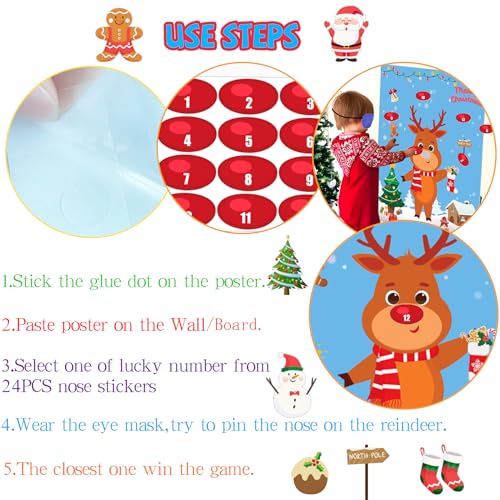 Christmas Reindeer Pin the Nose Party Game with 24 Stickers Kids & Adults