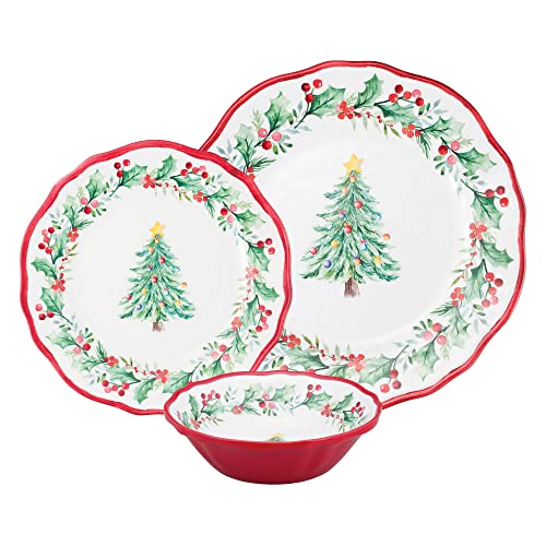 UP 12-Piece Christmas Tree Melamine Dinnerware Set for 4, Outdoor Plates & Bowls – Red