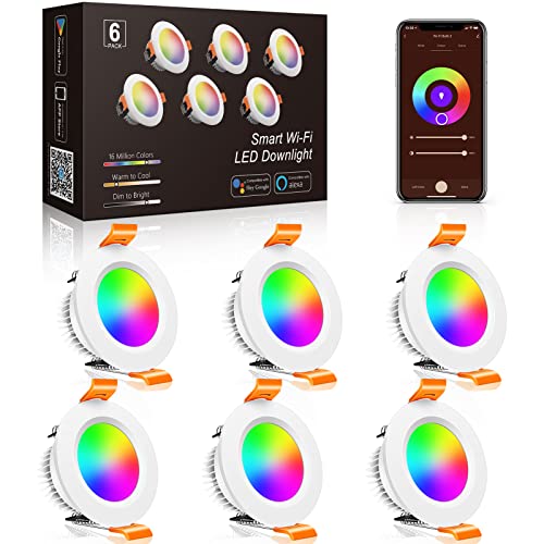 inShareplus Colorful White 6-Pack 2-Inch WiFi RGB Dimmable Recessed Ceiling Lights