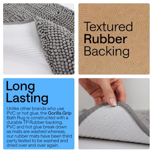 GORILLA GRIP Gray 48x24 Inch Absorbent Chenille Bath Rug Mat - Ultra Soft & Quick-Drying