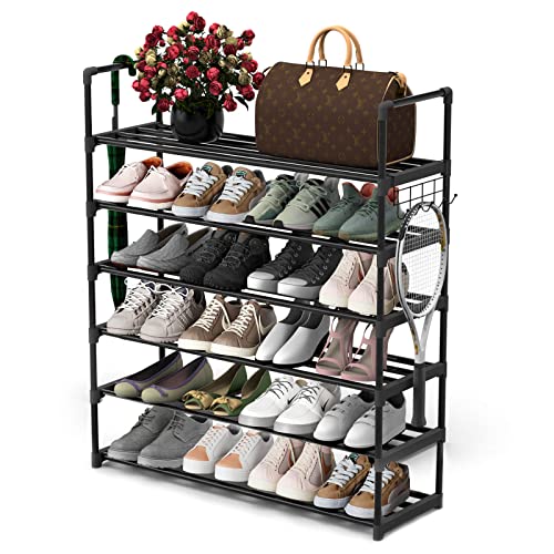 6-Tier Metal Shoe Rack with Hooks - Adjustable, Stackable Shoe Organizer for Entryway & Closet - Black