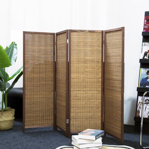 Brown 4-Panel Short Room Divider Screen - Freestanding Bamboo Partition for Small Spaces