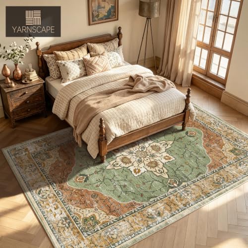 YARNSCAPE 8' x 10' Sage Green & Terracotta Washable Area Rug, Non-Slip Low-Pile Carpet