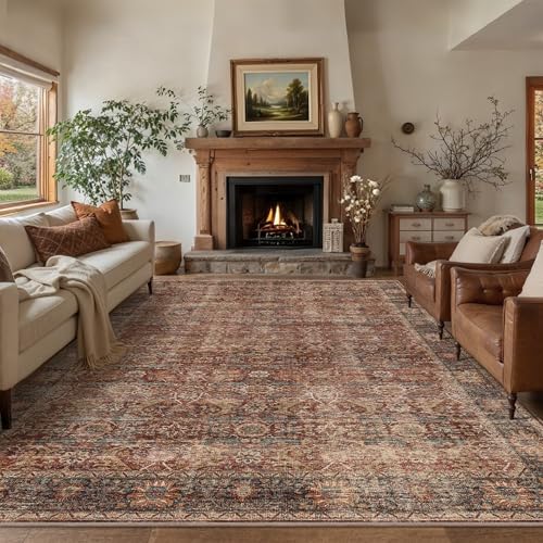 8x10 Brick Red Washable Vintage Area Rug for Living Room & Bedroom - 8'*10' Rectangular