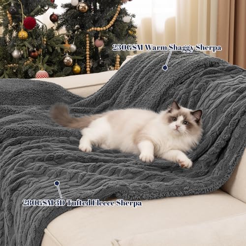 Queen Size Fluffy Sherpa Blanket Dark Grey 90x90 Winter Warm Soft 3D Jacquard