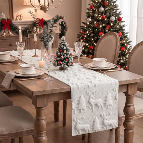 Cream White Christmas Faux Fur Tree Elk Table Runner 13x72 Inch - Windkream Snowy Holiday Decor