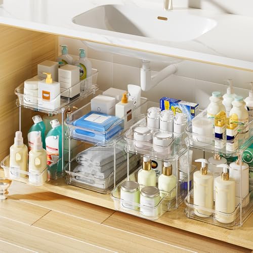 Delamu 4 Pack Clear 2-Tier Under Sink Organizer with Pull-Out Drawers, Stackable Bathroom & Kitchen Cabinet Storage