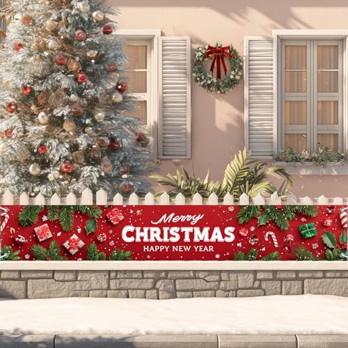HOMETITUTE Merry Christmas Fence Banner Candy Cane Decor 118x20 Inch - Variation #04