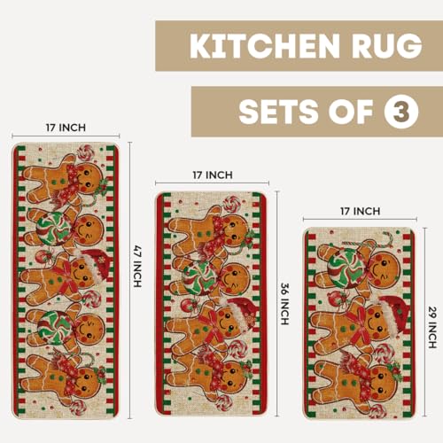 Artoid Mode Gingerbread Candy Cane Kitchen Mats Set of 3, 17x29/17x36/17x47 Beige