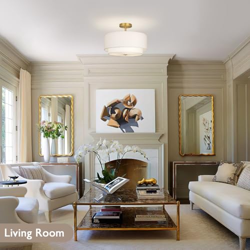 CALOKES 16" Gold Dual Drum Semi-Flush Ceiling Light with White Fabric Shade